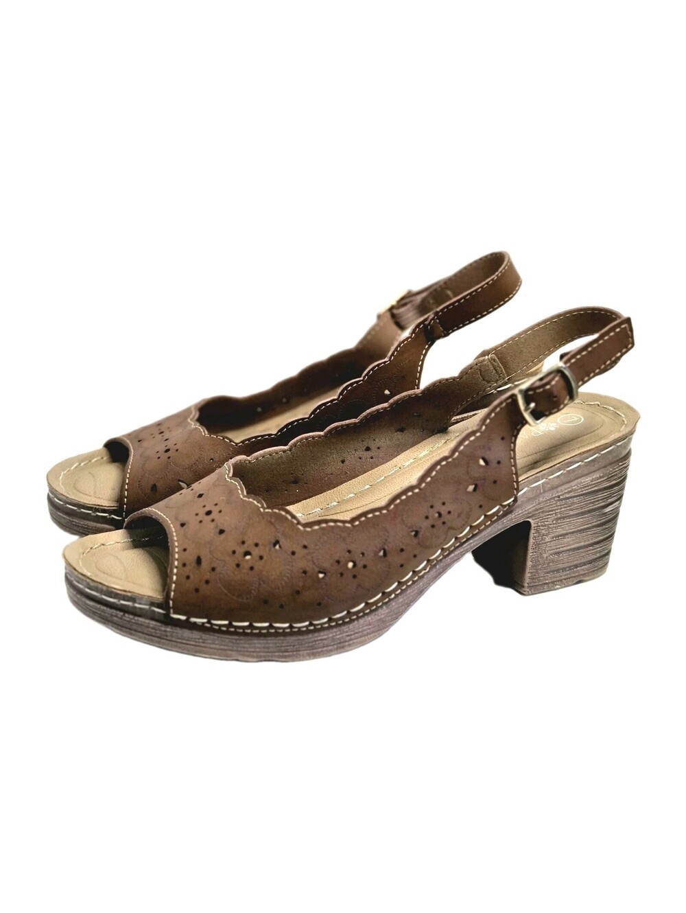 Patrizia Spring Step Women’s 7 Lightweight Slingback Heel Sandal Brown Scalloped